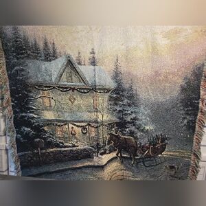 Thomas Kinkade Winter Christmas Holiday Tapestry Blanket Horse Carriage Snow Hou
